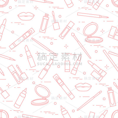 无缝模式的不同唇妆工具。矢量插图的口红，镜子，唇线，唇彩等。