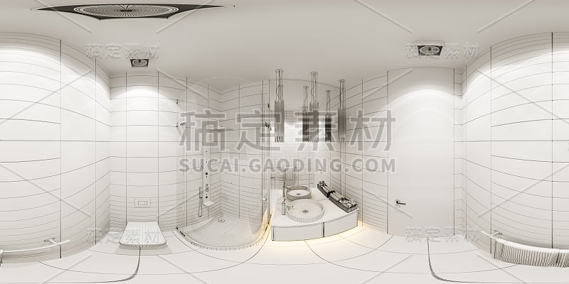 3d插图室内设计球形360无缝全景浴室与角落淋浴