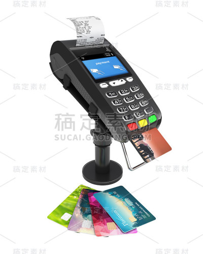 有信用卡和收据的POS终端，白色背景3d渲染上没有孤立的阴影