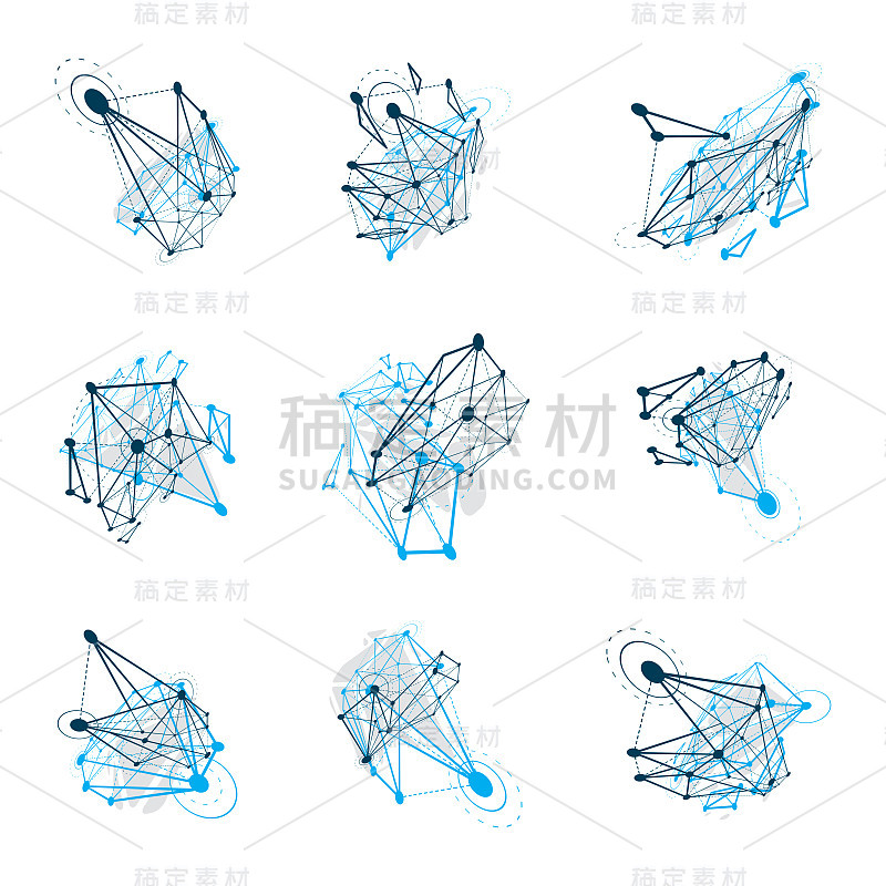 与线和点连接的抽象向量低多边形物体的集合。一组未来主义的形状。技术和科学概念插图。