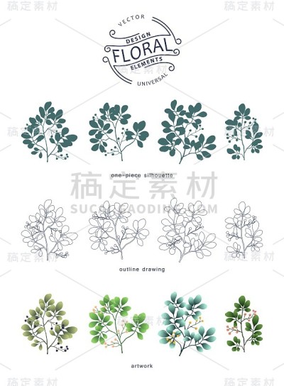 一套花卉设计元素。植物收集的各种图形风格的枝叶。向量模板