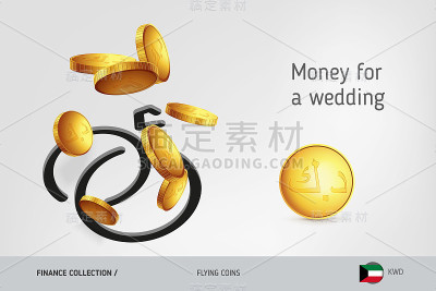 婚戒图标与飞行科威特第纳尔硬币，金融概念。矢量插图印刷，网站，网页设计，移动应用程序，信息图表。