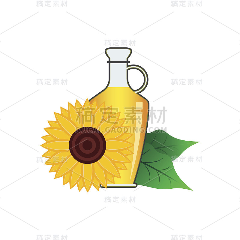 葵花籽油在葵花籽的瓶子里。矢量图