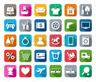 图标，网上商店，产品类别，彩色背景，阴影。