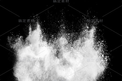 白色粉末在黑暗背景上爆炸的冻结运动。