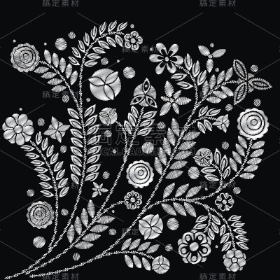 刺绣银花盛开与装饰鲜花。黑色背景的传统金属当代民间装饰，时尚设计。民族服饰亚洲花设计。向量。