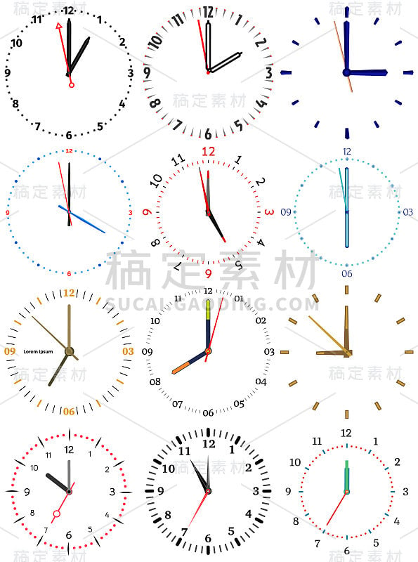 一组不同的机械钟，每个钟都有十二个小时的图像