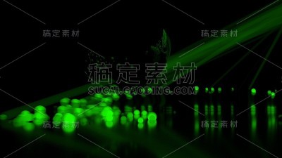 抽象的球粒子流从一个大的黑色圆形球体反射。粒子是发光的绿色，有不同的亮度。3d插图与copyspac