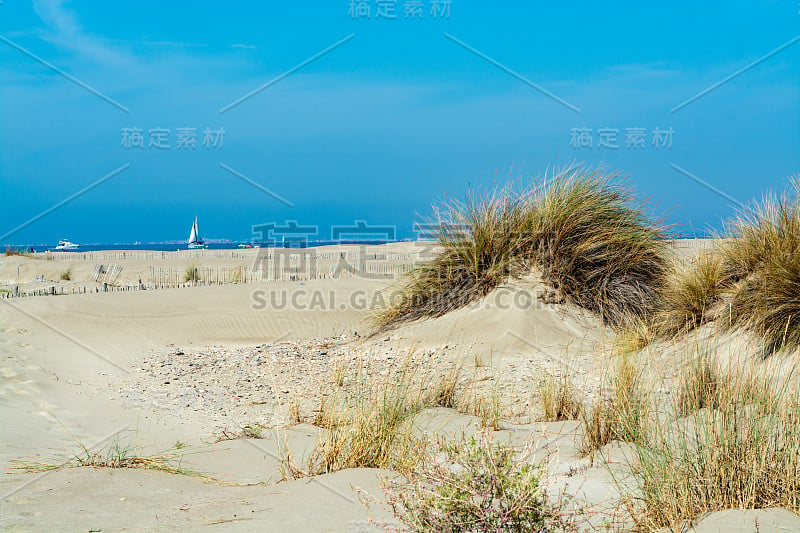 在Le Grau du Roi，法国的朗格多克海岸，美丽的白色沙滩被称为Plage de l'Esp