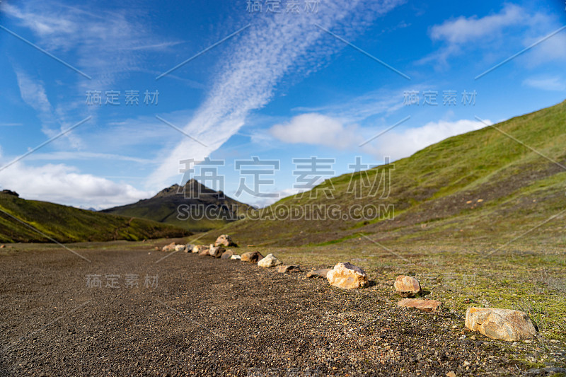 View mountain valley with green hills, river strea