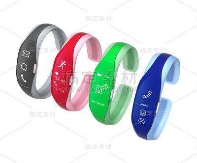 彩色智能腕带与橡胶手镯隔离在白色背景