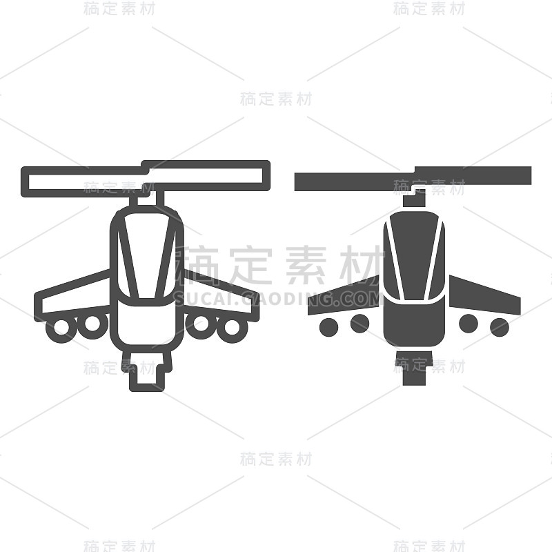 战斗直升机线和固体图标。攻击武器，陆军航空兵符号，白色背景上轮廓风格象形文字。军事或战争标志的移动概