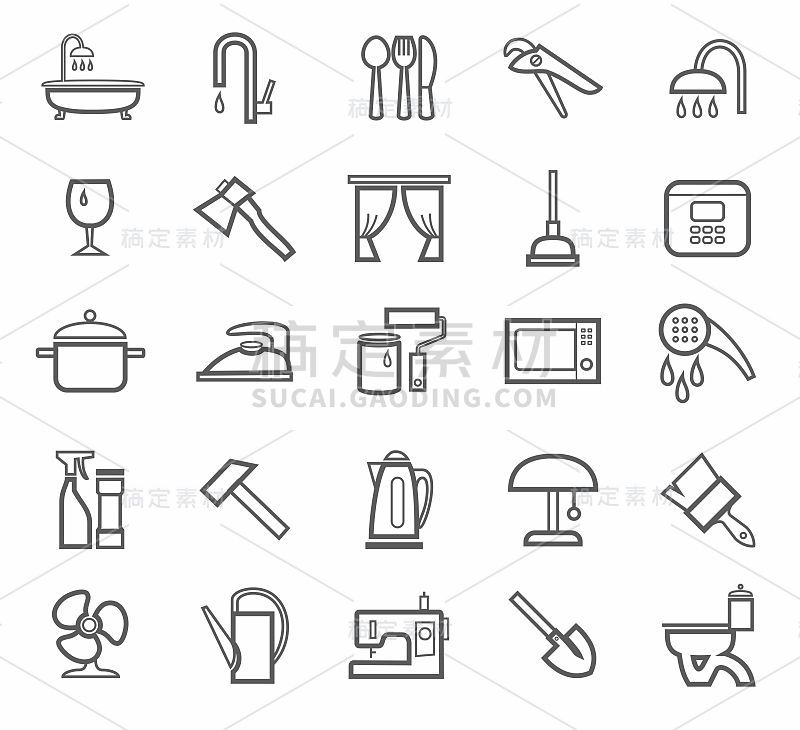 标牌、家用电器、碗碟、工具、灰色轮廓、白色背景。