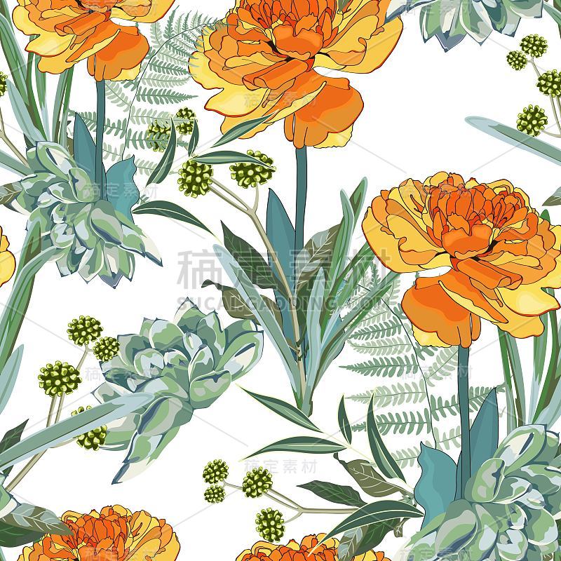 Seamless pattern with orange yellow Tulip and many