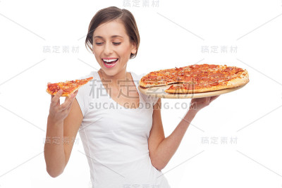 女人吃披萨