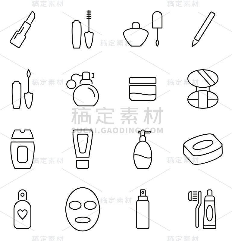 化妆品或美容产品图标细线矢量插图集