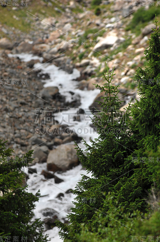 夏天山，扎利斯基·阿拉图。高山，巨石。天山。阿拉木图