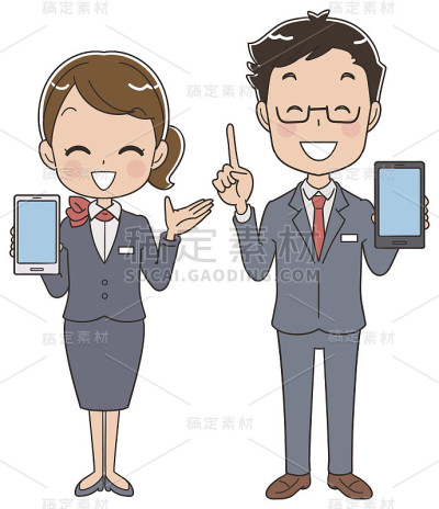 男性和女性员工手里都有一部智能手机