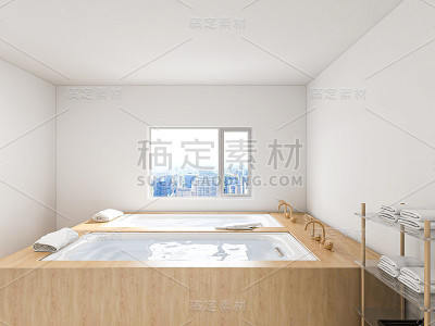 3D效果图，优雅宽敞的现代公寓卧室设计，大床旁边的大衣柜，配有梳妆台和绿色植物