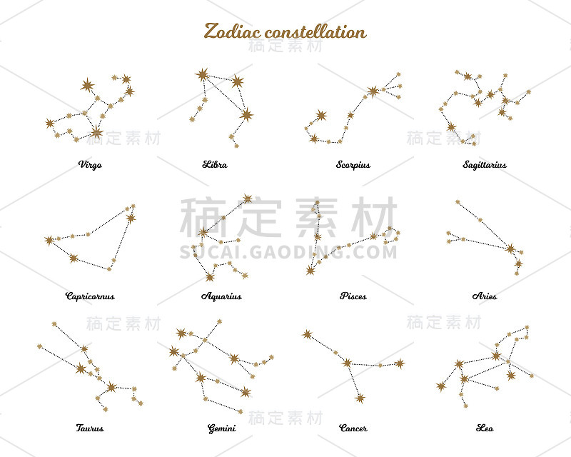 十二星座。的星座。黄道十二宫的孤立星座。白色背景上的金色星星。白羊座、金牛座、双子座、巨蟹座、狮子座