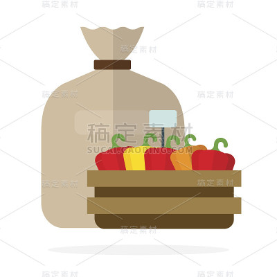 麻袋和甜椒放在一个木容器里，扁平隔离
