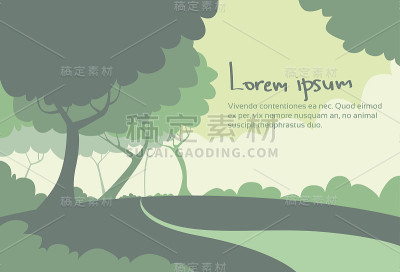 夏季绿色景观森林树木剪影平坦的复古森林