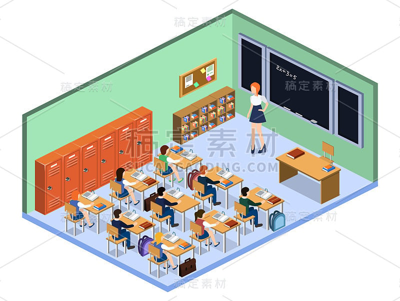 等距三维矢量插图与学生在学校室内课堂