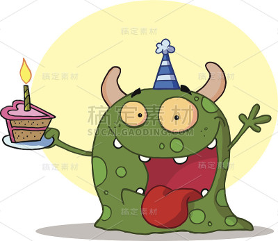 绿怪物用蛋糕和背景庆祝生日