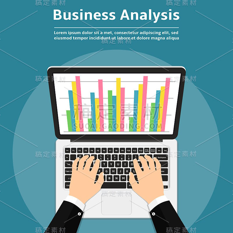 商人用笔记本电脑分析数据。分析概念，平面设计。