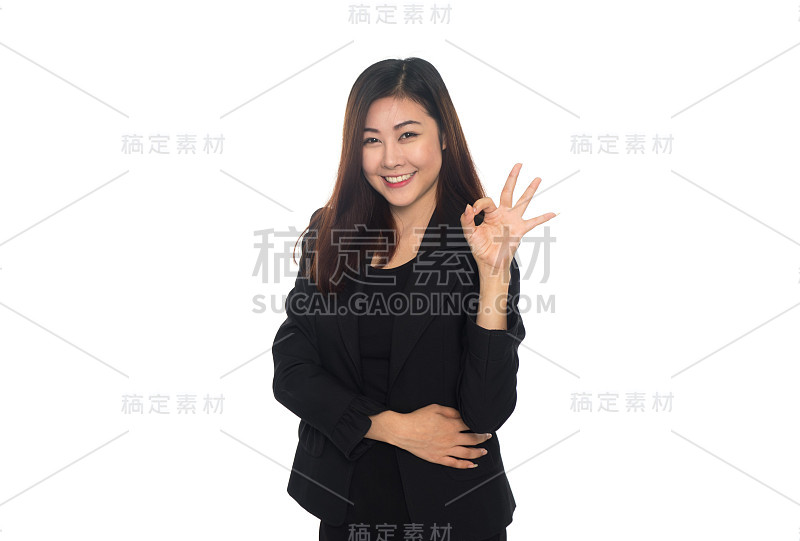 商务女性显示ok手势在白色的背景