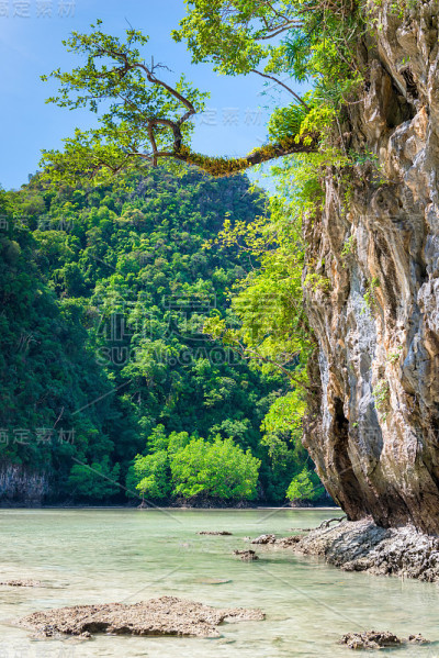 热带美景美景，高悬崖和大海在退潮