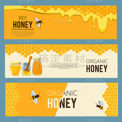 水平横幅与图片集养蜂场。蜂蜜，打蜡的蜜蜂和蜂巢