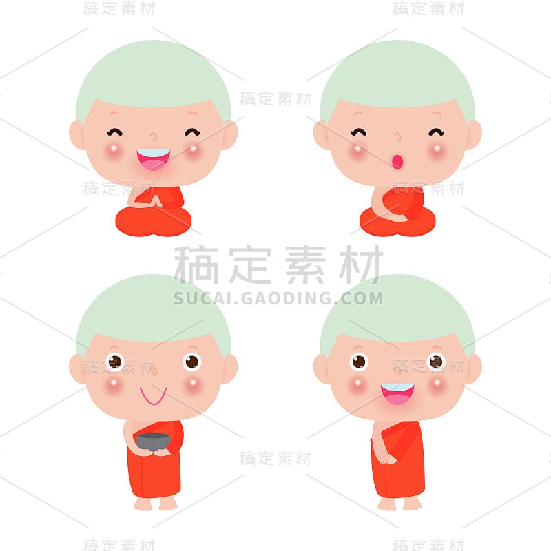 set of Buddhist Monk and novice Character isolated