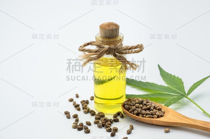 大麻油在一个玻璃瓶大麻种子在一个木勺和大麻叶在一个白色的背景的想法提取大麻叶作为一种油的自然治疗，天