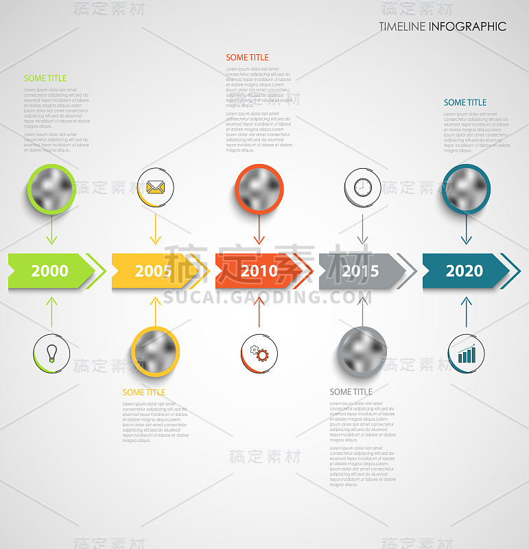 时间线信息图形与颜色箭头和圆形指针