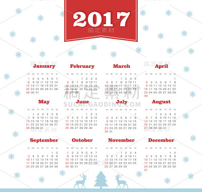 矢量日历2017年。一周周日