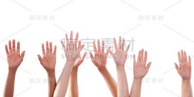 许多手高举在白色的背景上