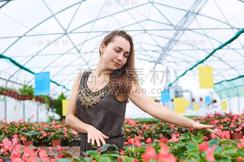 年轻女子深情地抚摸着温室里的花朵