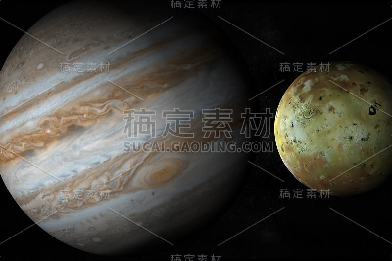 木星行星和卫星木卫一在外层空间旋转。三维渲染