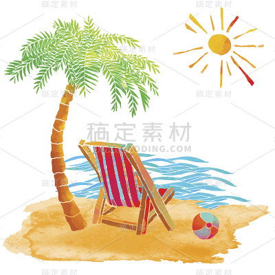 水彩画夏季海滩设置