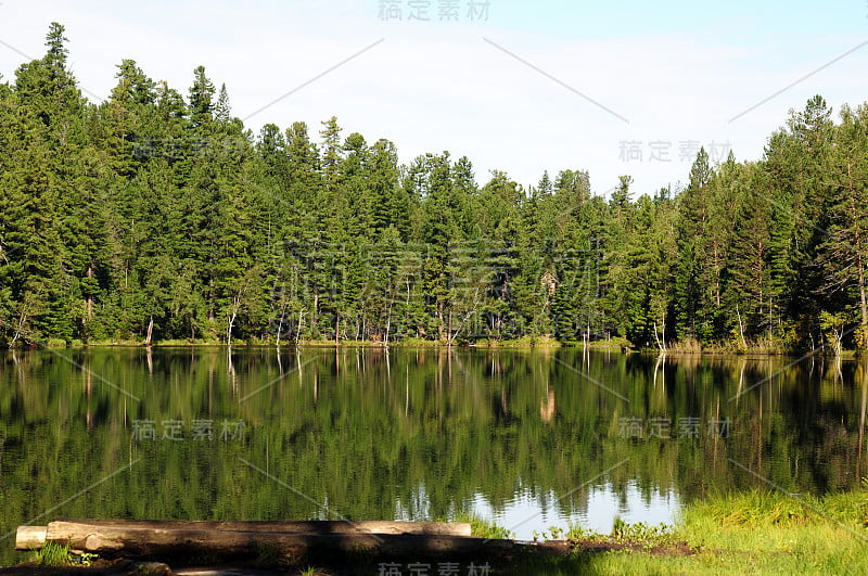 在清澈的湖水中，森林湖倒映着天空、高山