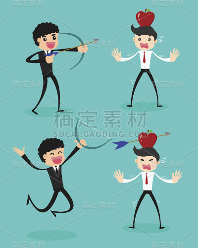 商业概念，商人把箭射向苹果的头部。