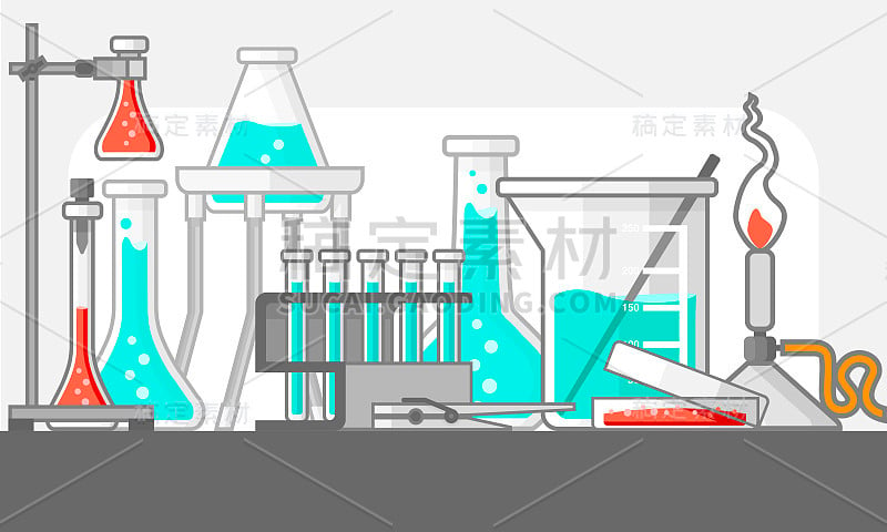 科学和实验室材料和工具在静物组成。平面设计理念。矢量插图。