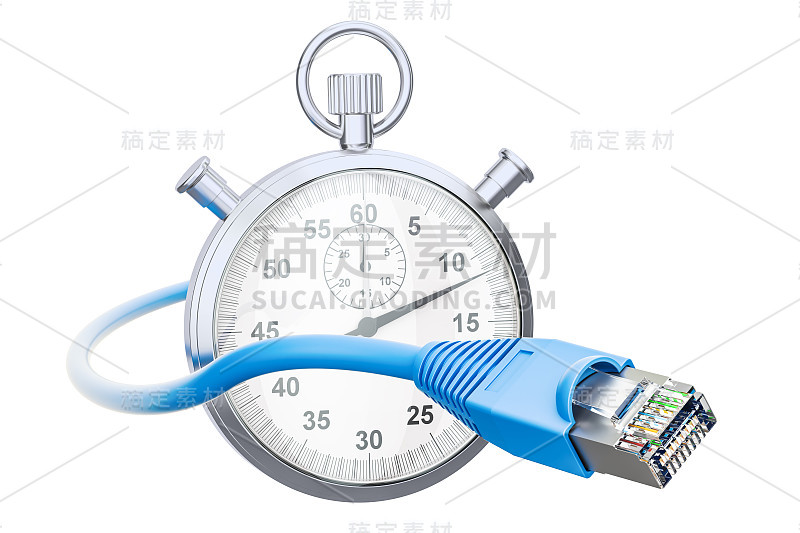 具有秒表局域网电缆，快速互联网连接的概念。三维渲染