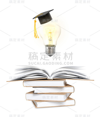 学习与观念观念。一个带着毕业帽的发光灯泡，上面是一堆打开的书