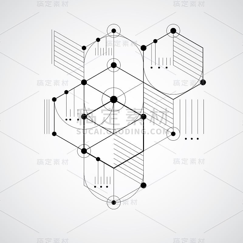 模块化包豪斯矢量背景，从简单的几何图形，如六边形，圆和线创建。最适合用作广告海报或横幅设计。抽象的机