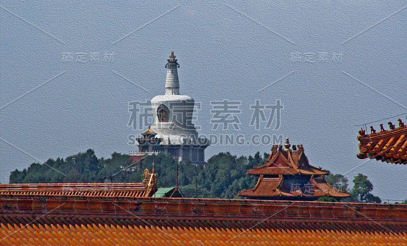 北京北海公园的巨型白塔，油画风格