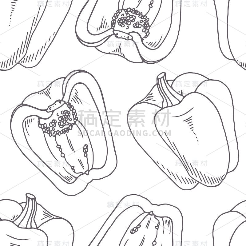 手绘无缝花椒图案。单色背景素描风格