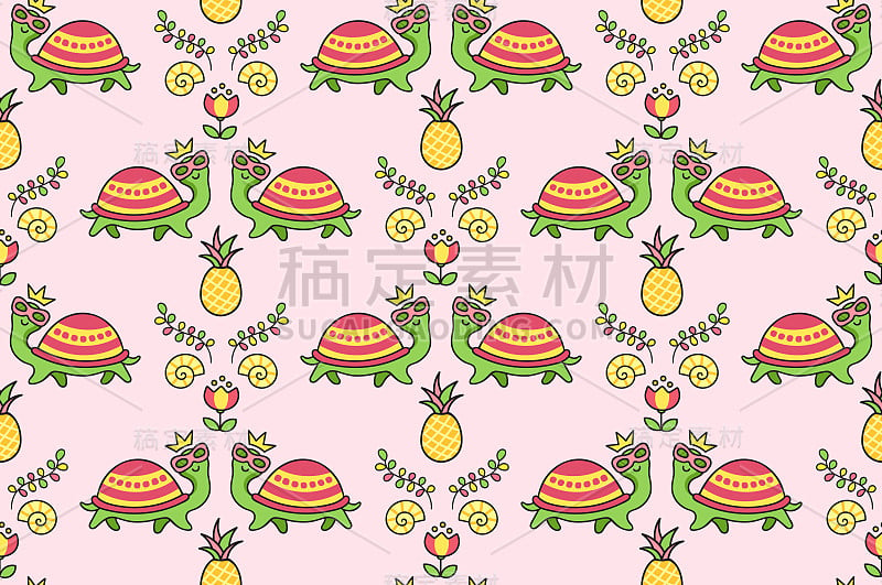 Tropical colorful ornament with funny turtles in s