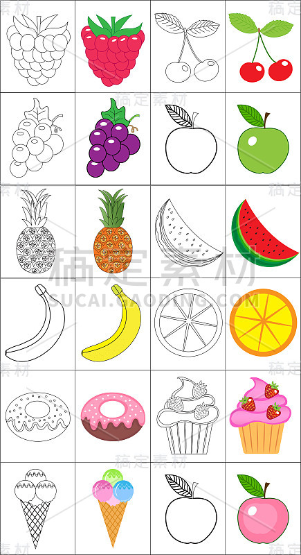 涂色书，书页。水果集合。素描和彩色版本。着色的孩子。儿童教育。矢量插图。